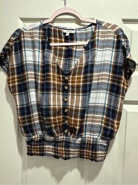 Maurices Plaid Button-Front Shirt in Brown, Navy & White